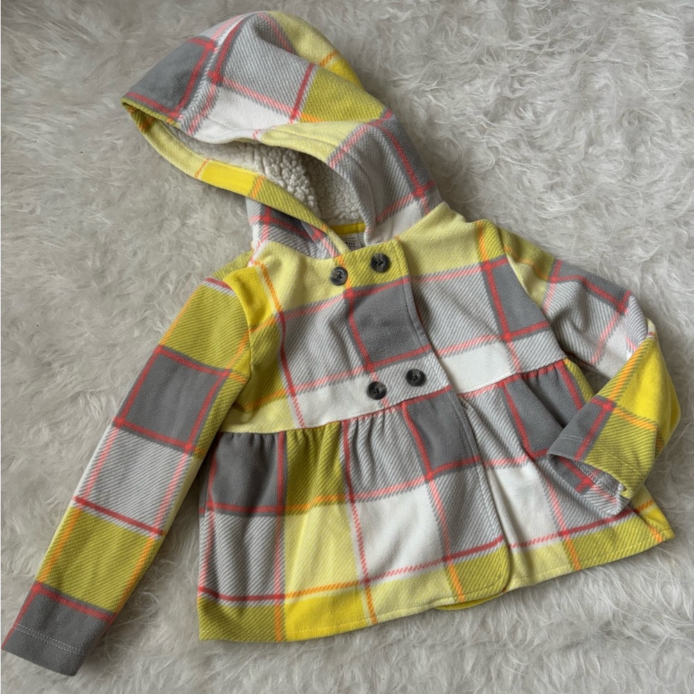 Carter's Spring Yellow Gray White Fleece Plaid Hooded Button Coat